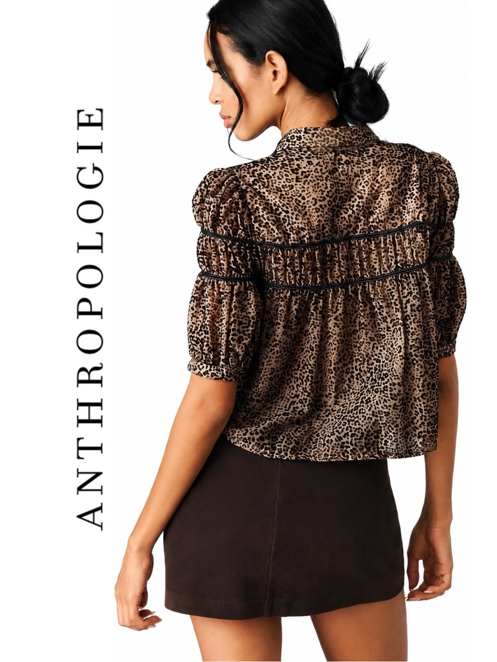 Anthropologie Leandra Velvet Shirred Yoke Blouse by Maeve in Leopard